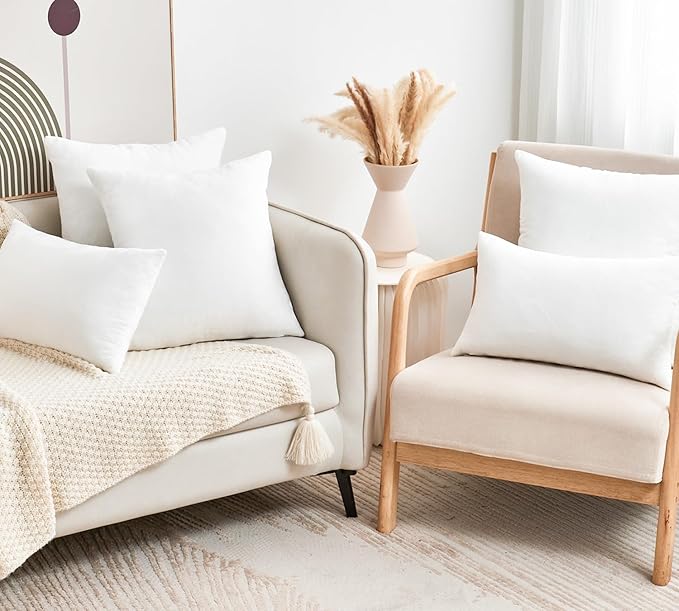 Throw Pillow Covers White Decorative Velvet Set of 2 12x20 Inch Pillow Covers, Soft Lumbar Pillow Covers for Couch Sofa Bed Living Room, Farmhouse Neutral Home Boho Decor, Accent Cushion Cases