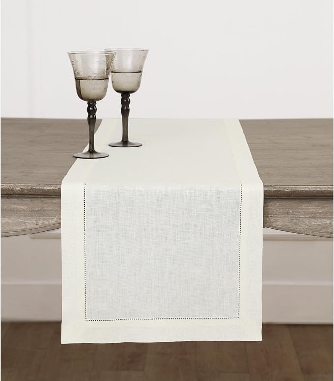 Solino Home Linen Ivory Table Runner 48 Inches - Classic Hemstitch, 100% Pure Linen Coffee Table Runner 14 x 48 Inch Ideal for Dresser Tables - Spring, Easter