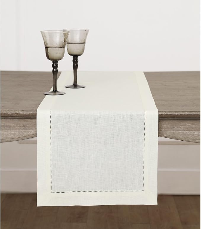 Solino Home Linen Ivory Table Runner 108 Inches Long - 100% Pure Linen 14 x 108 Inch Table Runner for Spring, Easter - Classic Hemstitch