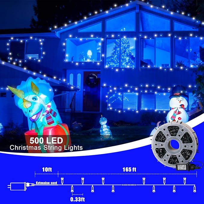 QITONG 165ft 500 LED Blue and White Christmas Lights Outdoor Waterproof, 8 Modes Christmas String Lights with Green Wire Indoor, Twinkle Tree Lights Plug in with Memory Timer