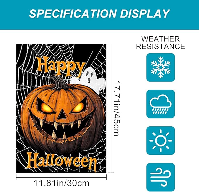 Halloween Garden Flag Double Sided 12x18 Inch Scary Pumpkin Ghost Spider Web Yard Sign Gothic Spooky Outdoor Banner Creepy Jack Lantern Face Holiday Lawn Porch Decoration