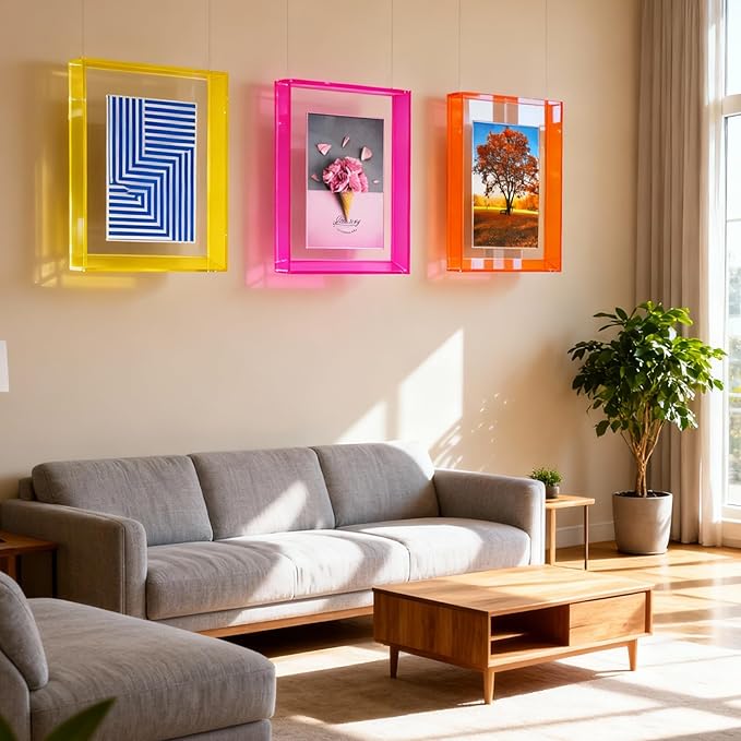 5x7 Acrylic Picture Frame Neon Floating Photo Frame for Wall Mount and Tabletop Decorative in Gallery Home Office, Neon Yellow