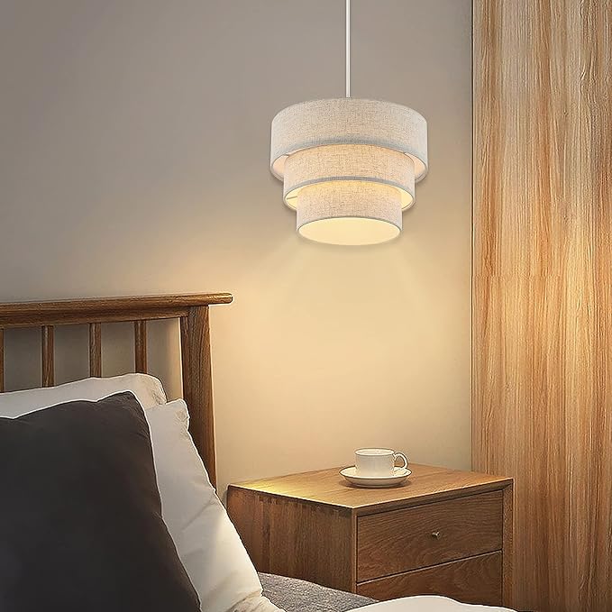 Plug in Pendant Light, Hanging Lamp with Dimmable Switch, Pendant Light Fixtures with 15 Ft Cord, Swag Light with Linen Fabric Shade for Bedroom, Kitchen, Living Room, Dining Table