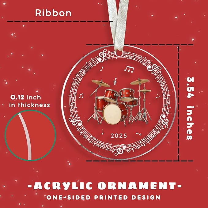 Drum Ornaments - Drum Christmas Ornament - Music Ornaments for Christmas Tree - Drummer Gifts for Music Lovers, Players, Girls, Boys, Drummers - Drummer Themed Gifts - Acrylic Ornament 2025