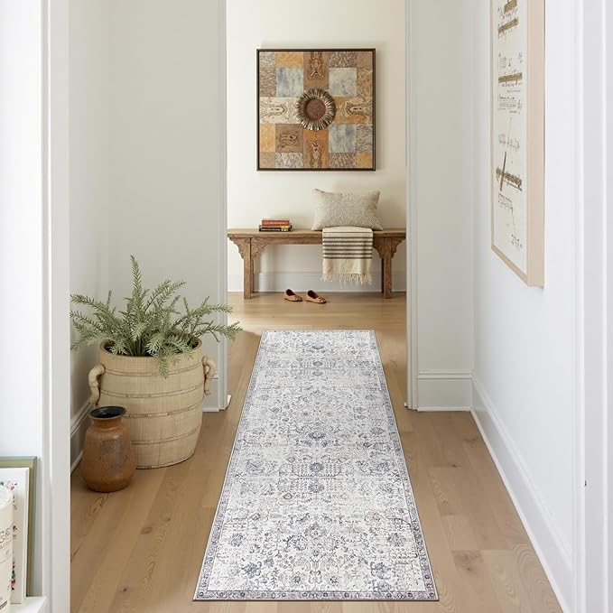 jinchan Kalen Runner Rug 2x6 Washable Hallway Rug Vintage Indoor Thin Retro Floor Cover Distressed Gray Floral Country Lightweight Non Slip Carpet for Entryway Bathroom Bedroom Living Room Grey