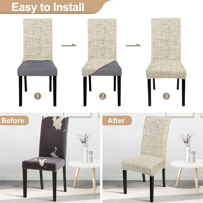 SearchI Dining Room Chair Covers Set of 6, Stretch Printed Floral Parsons Chair Slipcovers Removable Washable Kitchen Chair Protector Cover for Dining Room, Hotel, Ceremony (Beige Textured Grid)