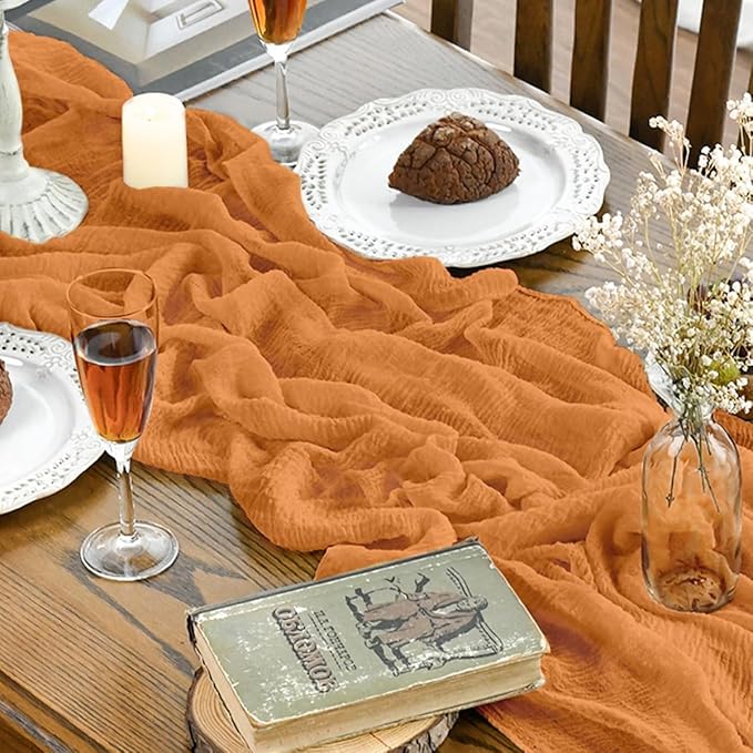 Artoid Mode Boho Cheesecloth Gauze Orange Wedding Table Runner, 160 Inch Seasonal Fall Thanksgiving Fabric Kitchen Dining Holiday Table Decor for Home Party Indoor