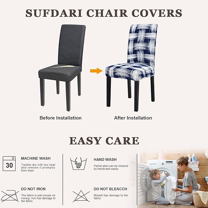 Sufdari Dining Chair Covers,Kitchen Chair Cover,Parsons Chair Slipcover,Spandex Chair Protectors for Dining Room Stretch Chairs Cover Set of 8 -Blue White Stripes
