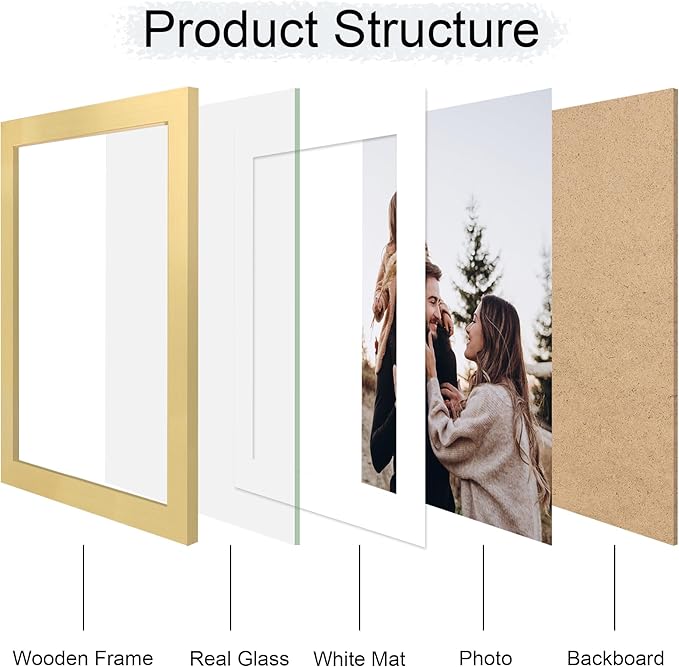 10x14 Picture Frame Set of 2, 10 x 14 Wood Photo Frames with Mat for 8x12 or 30x40cm Diamond Painting Art, Wooden Frame with Real Glass Cover for Wall and Tabletop Display,Gold