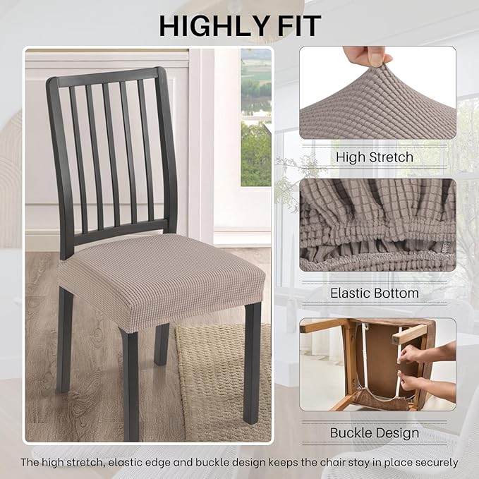 SearchI Stretch Dining Chair Seat Covers Set of 4, Soft Removable Washable Seat Covers for Dining Chairs, Dining Room Seat Cover Protector (Rear-Covered, Waffle Jacquard Taupe)