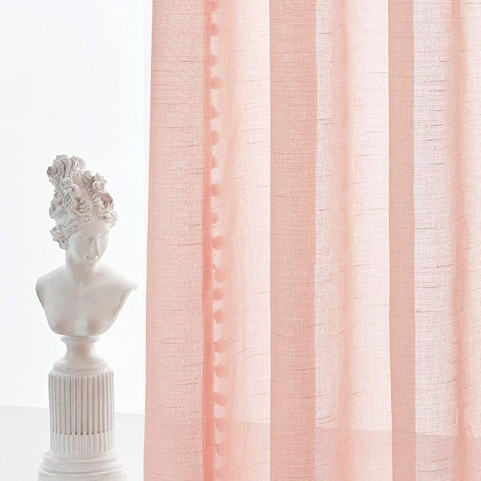 Treatmentex Pompom Sheer Curtains Blush Pink Window Draperies for Bedroom Rod Pocket Curtain Panels for Canopy Nursery Room 52" w x 2pc