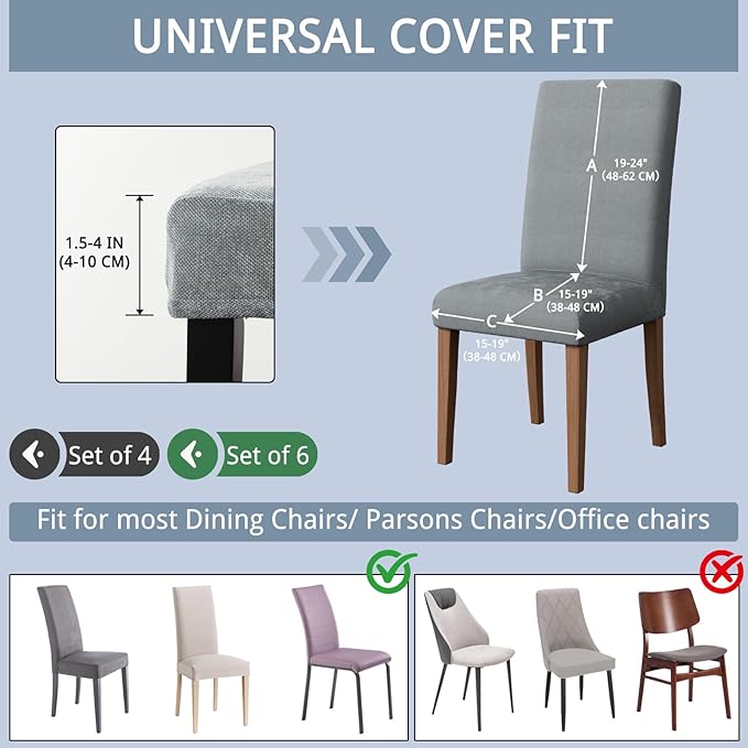 Chair Covers for Dining Room Set of 6, Washable Parson Chairs Slipcover Kitchen Seat Protector for Home, Party, Hotel, Banquet (Chenille Grey)