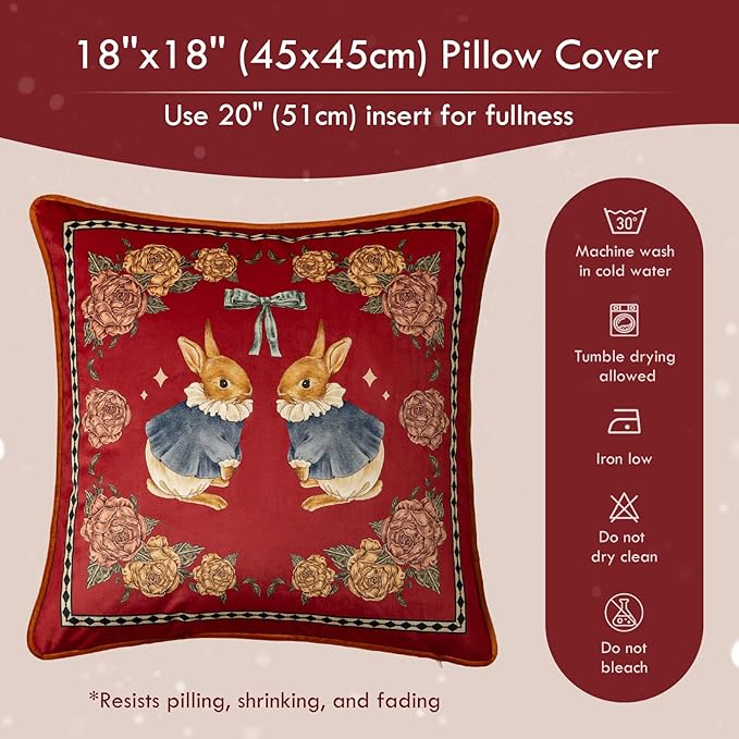 Grandmillennial Bunny Floral Pillow Cover, Velvet Euro Sham Covers Decorative Throw Pillow Covers 18x18 for Couch Sofa Bed Living Room, Christmas & Holiday, Red
