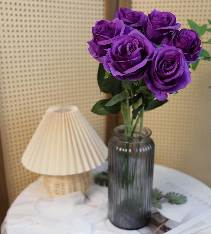 IPOPU 6PCS Purple Silk Lop-Sided Rose Artificial Flower with Long Stem Fake Leaf Roses, Artificial Long Stem Fake Roses Suitable for DIY Wedding, Home Decoration and Outdoor Party.