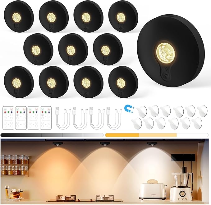 Yiliaw Rechargeable Puck Lights with Remote, 12 Pack Magnetic Under Cabinet Lighting, 1500mAh Battery Operated LED Tap Lights with Dimmer & Timmer for Kitchen, Closet, Shelf - 3 Color Temps, Black