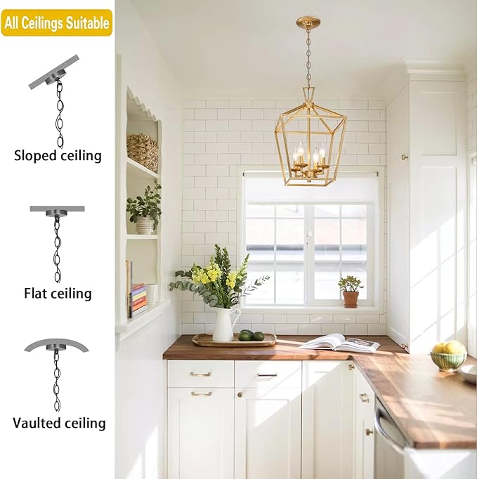 Untrammelife 4-Light Gold Lantern Pendant Light, Adjustable Height Metal Geometric Light Fixture 12’’ Classic Cage Lantern Chandelier for Kitchen Island Hallway, Hand-Pasted Gold Foil Finish