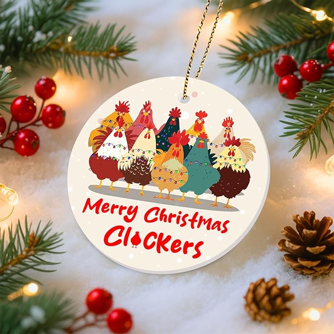 Funny Chicken Ornament 2025 – Ceramic Merry Christmas Flockers Xmas Hanging Farmhouse Hen Rooster Holiday Tree Decoration Gift