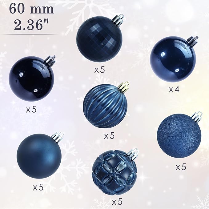 AMS 2.36''/60mm 34ct Christmas Ball Large Ornaments Party Decorations Shatterproof Festival Pendant Hangings for Xmas Tree Decor (60mm, Dark Blue)