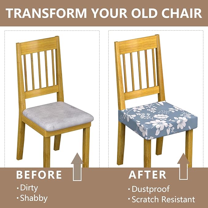 Stretch Dining Chair Seat Covers Set of 2,Dining Chair Slipcovers, Floral Printed Chair Covers,Soft Fabric Washable Upholstered Chair Seat Protector, No Rear Covers for Home Kitchen Dining Room