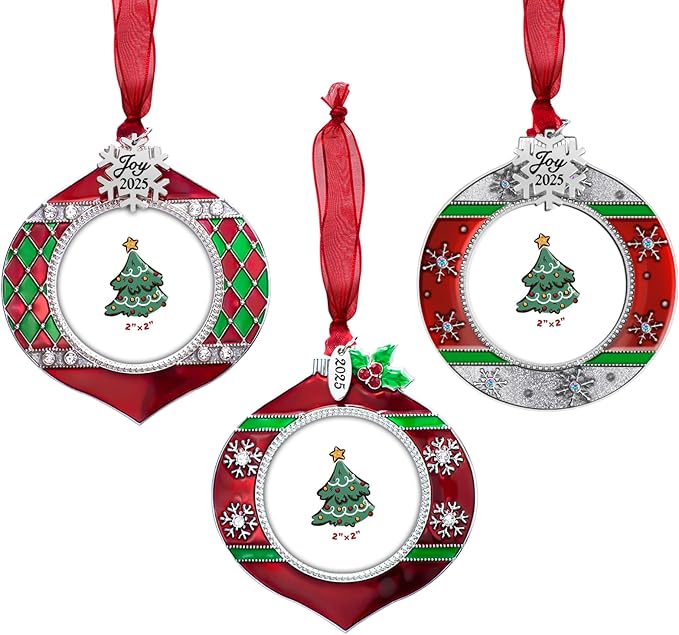 GUOER 3PCS Christmas Tree Ornaments Set Picture Frame Ornament Holiday Keepsake Gift Home Decor Christmas Decorations Xmas Gifts Pendant with 2” Photo Frame Insert (Red & Green 2025)