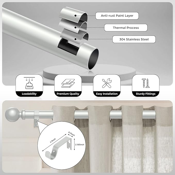 Extra Long Silver Curtain Rod, 1 Inch Adjustable Heavy Duty Curtain Rods for Windows 120 to 170 Inch, Decorative Modern Window Treatment Rods, Splicing Metal Drapery Pole, Easy Installation