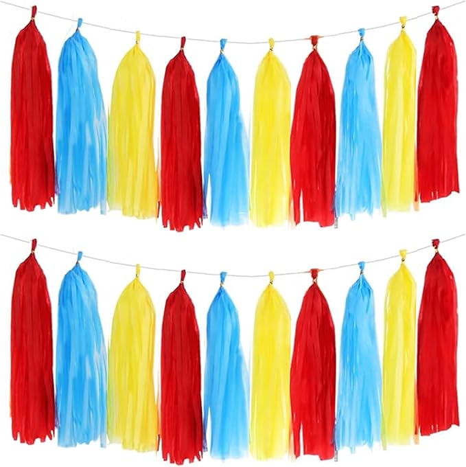 Aimto Red Blue and Yellow Tassel Garland Banner Paper Tassels for Party Decorations,Pack of 15