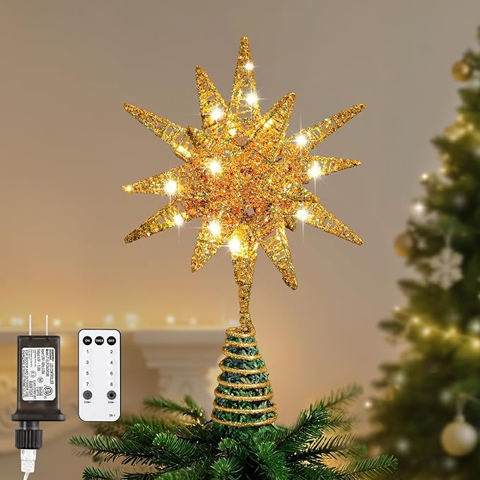 Lewondr Christmas Tree Topper, Plug in 3D Starburst Xmas Lighted Star Tree Topper, Remote Control & Timer Light Up Vintage Moravian Tree Topper for Christmas Decoraiton, Warm Light, Gold