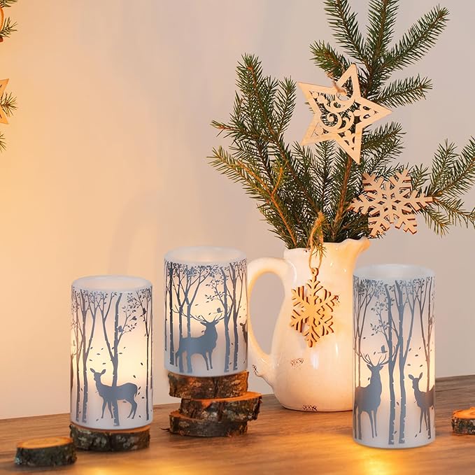 GenSwin Flameless Candles with Timer, Christmas LED Flickering Candles Real Wax with Silver Deer Decals, 3 Pack Pillar Fake Candle for Winter Indoor Fireplace Christmas Decor(D3” x H4”5”6”)