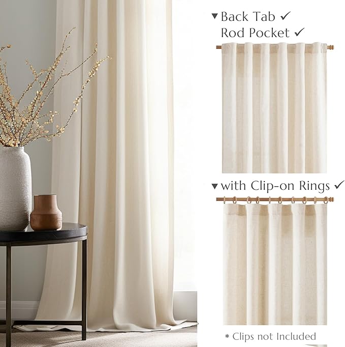 jinchan Short Linen Curtains 63 Inch Length 2 Panels Set Window Curtains for Living Room Bedroom Light Filtering Farmhouse Drapes Aesthetic Decor Kitchen Drapes, Back Tab, Linen Natural, 50W x 63L