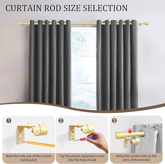 1” Diameter Gold Curtain Rods for Windows, 1 Pack 30-120 Inch Heavy Duty Window Rods, Long Adjustable Curtain Rod, Fits Most Standard Windows, Suitable for Bedroom, Living Room, Farmhouse