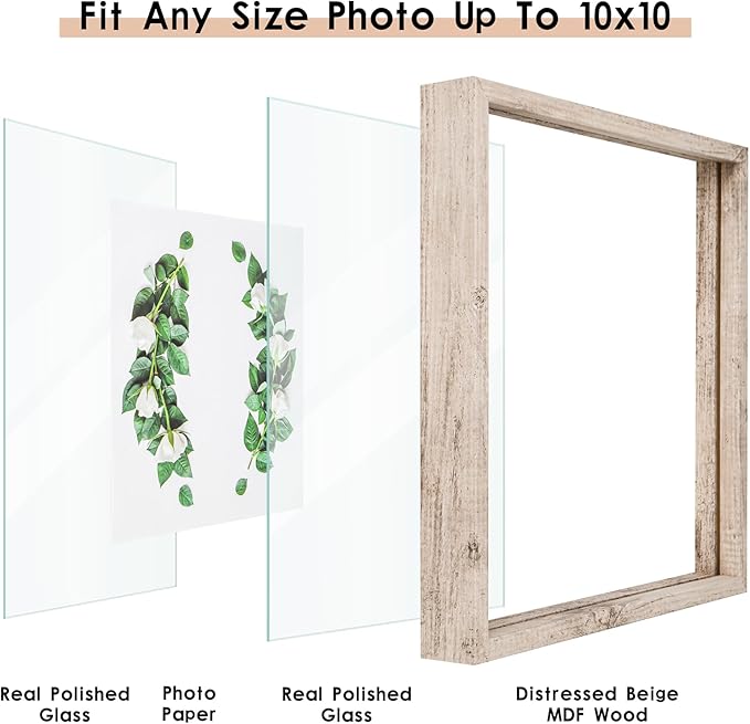 MUYE 10x10 Floating Frame Distressed Beige White Wood Pattern,Double Glass Square Picture Frame Display Any Size Photo up to 10x10,Wall Mount or Tabletop,2 Pack