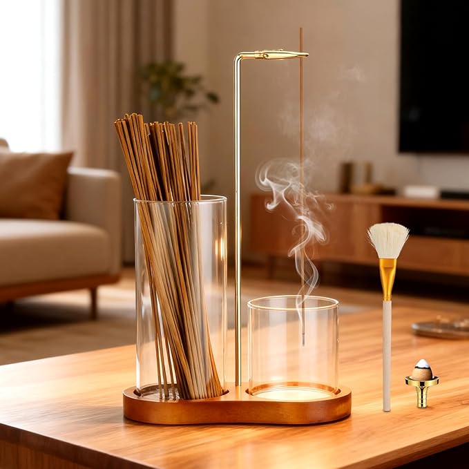 3-in-1 Incense Holder for Sticks, Upgrade Anti-Ash Flying Incense Burner with Enlarged Ash Catcher and Incense Storage Cup for Meditation, Yoga, Spa, Home Décor & Gifts (Cone Holder & Brush Included)