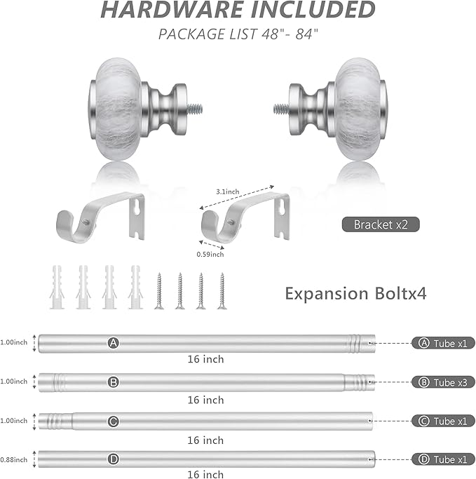 Silver Curtain Rods for Windows 48 to 84 Inches,Adjustable 1 Inch Heavy Duty Drapery Curtain Rods with Marbled Finials for Bedroom,Living Room
