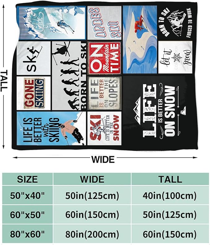 Tijuboni Ski Throw Blanket Skiing Gifts for Girls Boys Women Men Kids Adults Soft Flannel Fleece Blanket for Couch Sofa Bed Home Decor 50"x60"