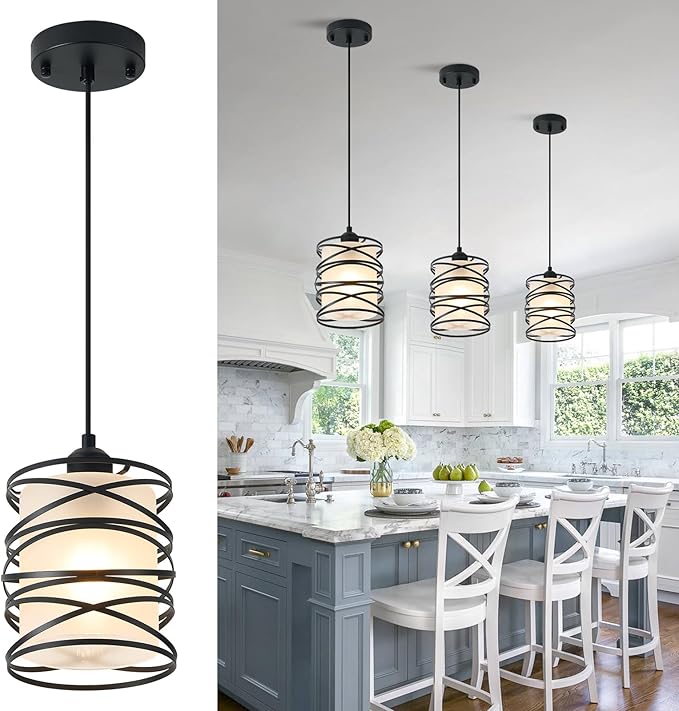 Frosted Glass Pendant Light Fixtures 6.3Inch Spiral Metal Cage Mini Pendant Lighting Handblown Island Hanging Light Adjustable Cord Ceiling Lamp for Kitchen Dining Room Foyer Hallway, E26