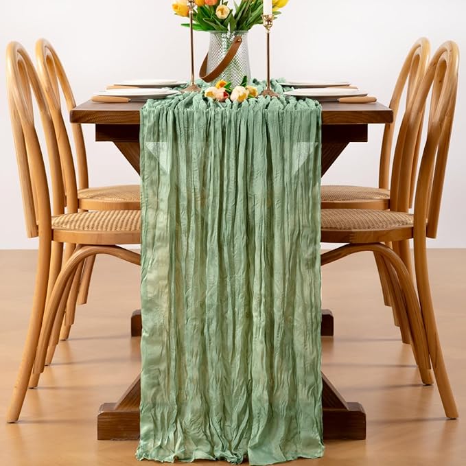 8pcs Sage Green Cheesecloth Table Runner Boho Gauze Spring Table Runners 22×120 inch 10FT Decor for Farmhouse Wedding Baby Shower Birthday Party Ceremony