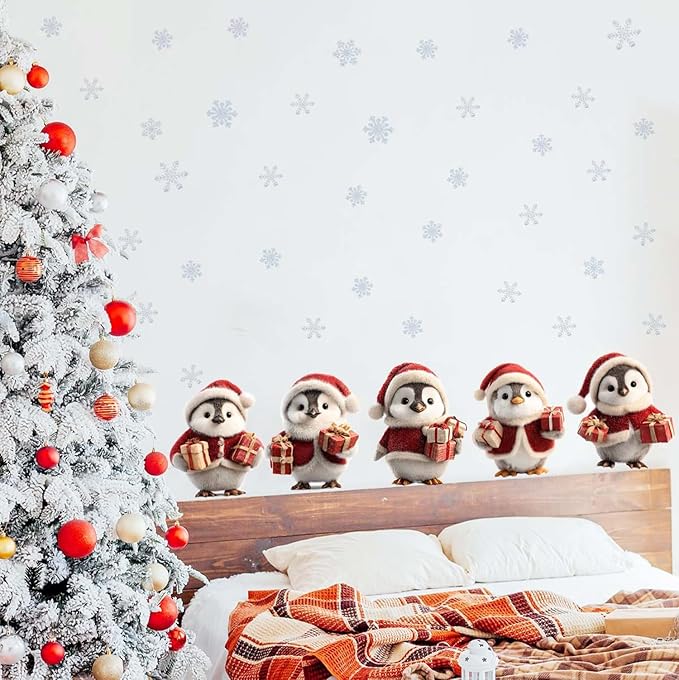 Christmas Penguin Wall Decals | Peel and Stick Holiday Decorations with Santa Hats & Gifts – Removable Vinyl Stickers for Walls, Windows, Office, Living Room, and Winter Seasonal Décor