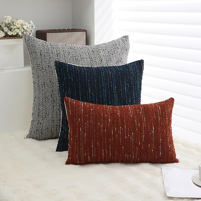 Textured Boucle Pillow Covers 18x18 Neutral Striped Throw Pillows Soft Modern Farmhouse Pillow Cases, 1pc Decorative Accent Square Couch Cushion Cover for Bed Chair Living Room, Blue