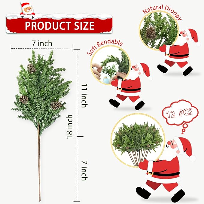 12 Pcs Christmas Greenery Stems with Pinecones Soft Bendable Naturally Droop Realistic Artificial Pine Stems Christmas Pine Branches Picks Faux Cedar Stems for Vase Garland Wreath Table Home Decor(12)