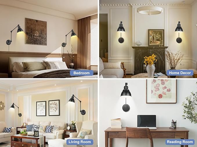 1 Pack Plug in Wall Sconce, Dimmable On Off Switch, Swing Arm Wall Lamp, Black Metal Industrial, Plug in Wall Light (Black, Without Bulb+Remote)