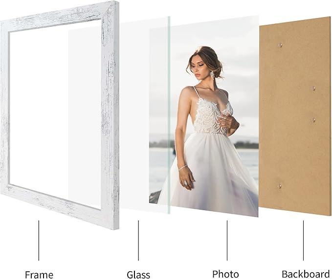 iRahmen 8.5x11 Picture Frame Set of 4, Distressed White Certificate Frame with Real Glass, Wood Photo Frames 8.5 by 11 Diploma Document for Wall Hanging and Tabletop Display
