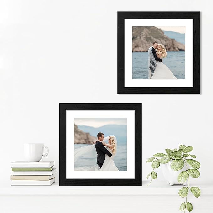 iRahmen 10x10 Picture Frame Set of 4 with HD Glass, Black Frames Display 8x8 Picture with Mat or 10 x 10 Without Mat, Wooden Photo Frames for Tabletop Display and Wall Mounting