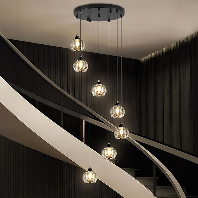Crystal Chandeliers for Staircases, 7-Light Black Modern Chandeliers for High Ceilings，Crystal Pendant Light Fixture for Living Room Kitchen Island Foyer Hallway Bar