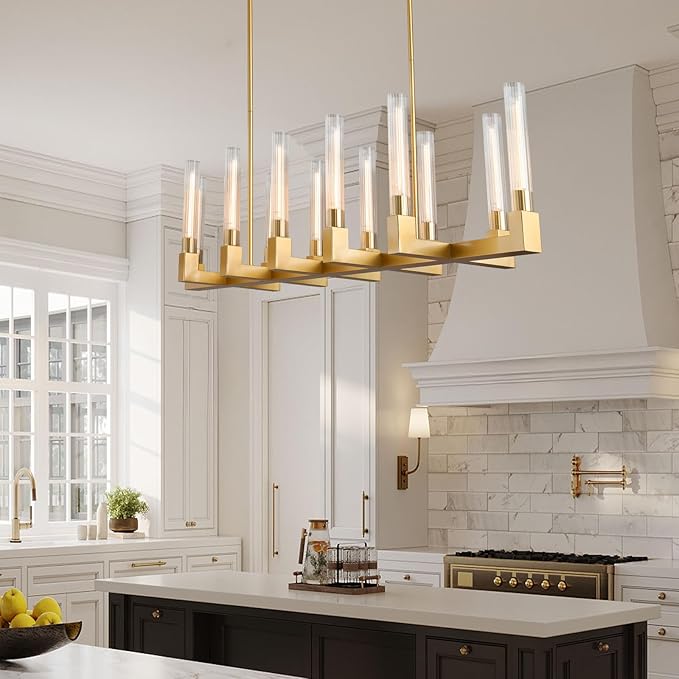 Farmhouse Chandelier with Glass Tube, Gold 12-Lights Modern Chandeliers Over Table 54''Rectangular Luxurious Large Ceiling Pendant Lighting Fixture for Dining Living Room, Foyer