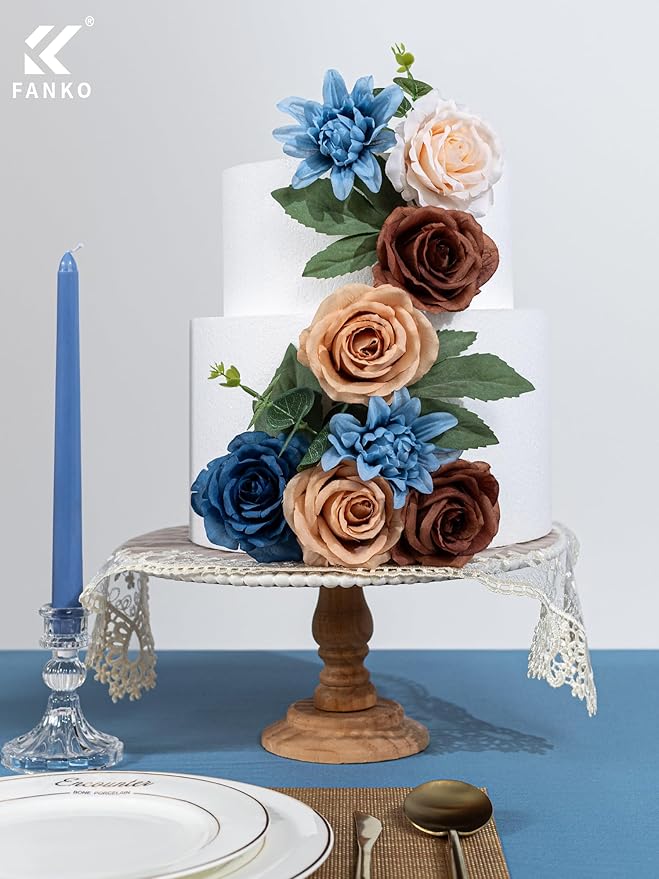 FANKO Artificial Flower Fake Rose Combo, 5 Mixed Silk Flowers Bouquet Dark & Light Brown Cream Roses, Blue Dahlia for DIY Wedding Bridal Bouquets/Centerpieces/Home Decorations