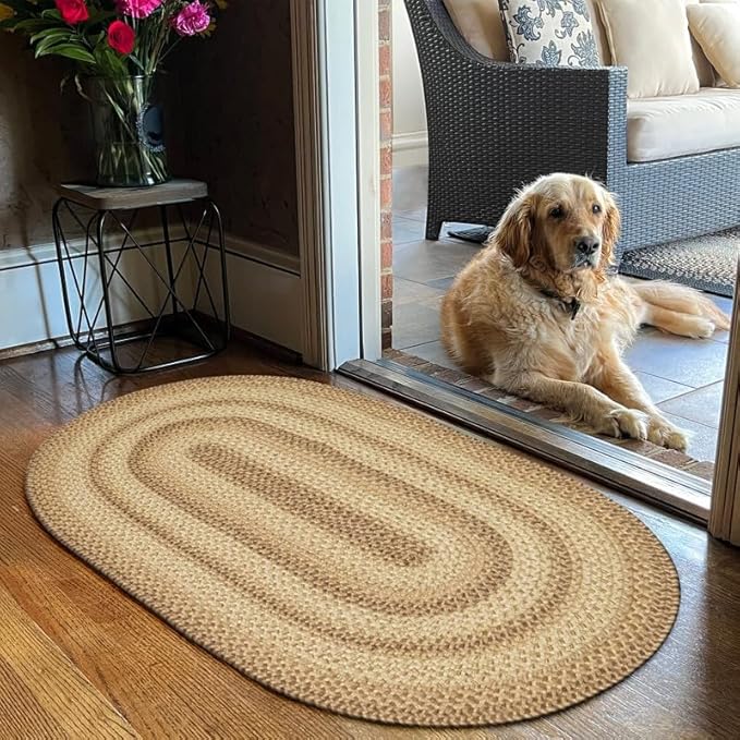 Homespice Cookie Dough Oval Braided Rug 27x45 - Jute Braided Brown Kitchen Rug for Rustic Decor, Durable and Low Maintenance No-Shed Jute