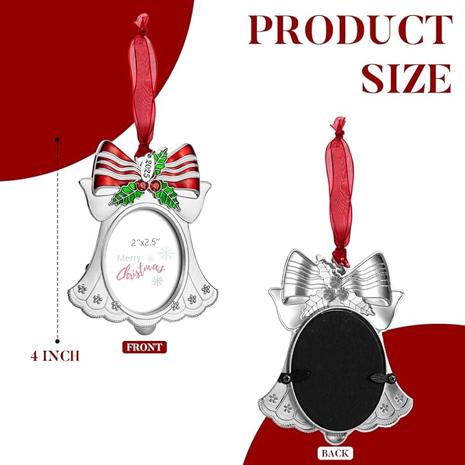 Christmas Tree Ornament - Decorative Hanging 2025 Holiday Keepsake Gift Pendant with 2X2.5 Inch Photo Frame Insert for Picture of Pet(Bell Silver)