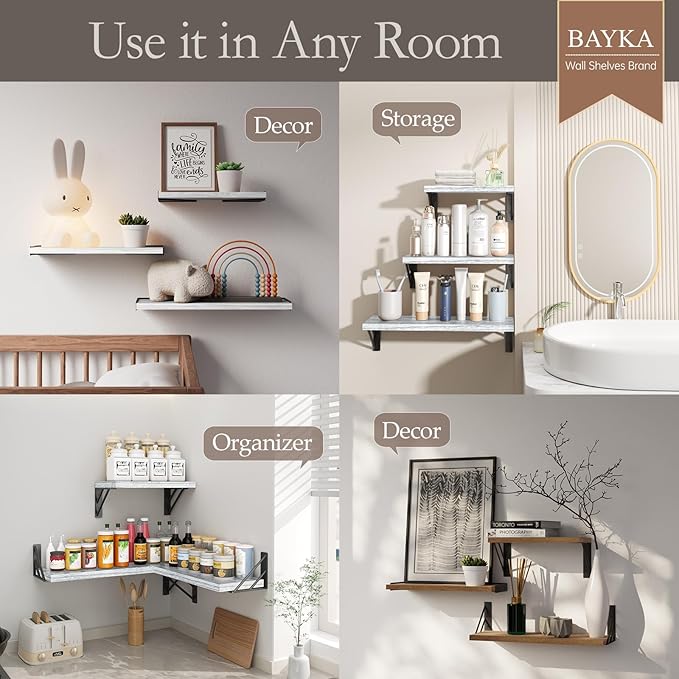 BAYKA Wall Shelves for Bedroom Decor, Floating Wall Shelves for Living Room Kitchen Storage, Mounted Rustic Wood Floating Shelves for Kids Books,Corner Shelves for Bathroom(Gray White，Set of 3) | for Bedroom Decor, Floating Shelves, for Kids Books, for...