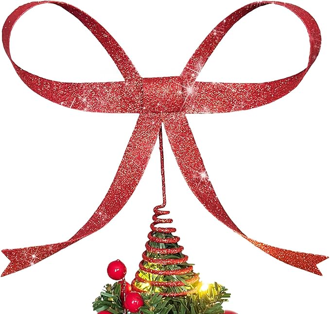 Large Metal Bow Christmas Tree Topper,9.4 Inch Glitter Red Tree Topper,Red Bow Christmas Tree Decorations for Xmas Home Decor Holiday Party Indoor Outdoor Shop Office