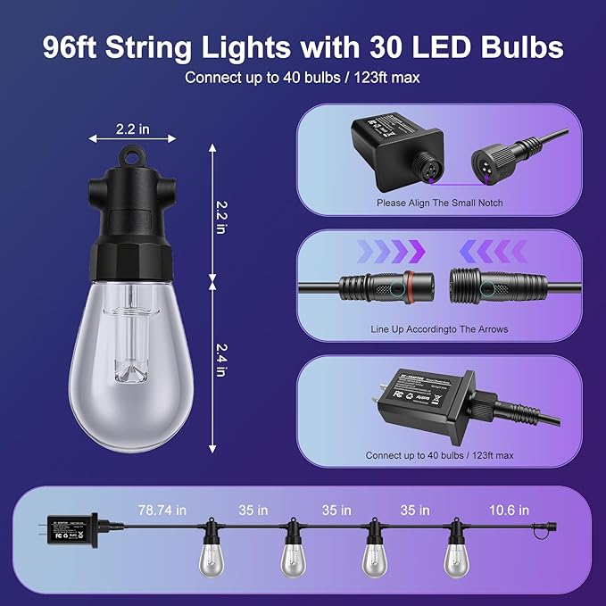Outdoor String Lights 96ft(2×48ft), Patio Lights with 30 Dimmable LED Bulbs, RGBW & Warm White, IP66 Waterproof, Shatterproof, APP & Remote Control, Color Change, Customizable for Backyard